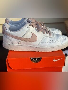 Nike White Low-Top Sneakers with Blush Pink Swoosh